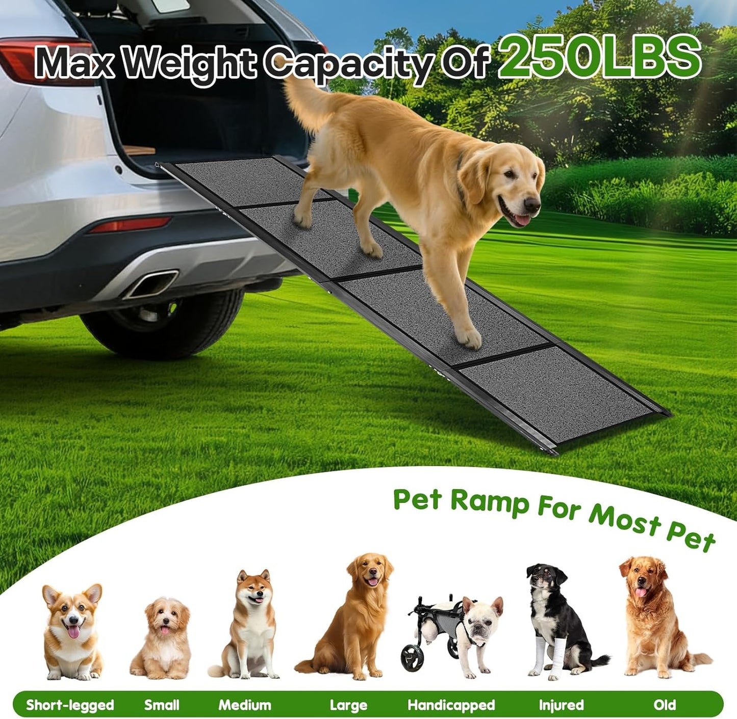 71''x 20'' Dog Ramp for Car, Pet Ramp for Large Dogs Up to 300LBS, Foldable Dog Car Ramp Stairs Steps with Waterproof & Non-Slip Rug Surface for Truck, SUV, Indoor & Outdoor(Wire Loop Fabric)