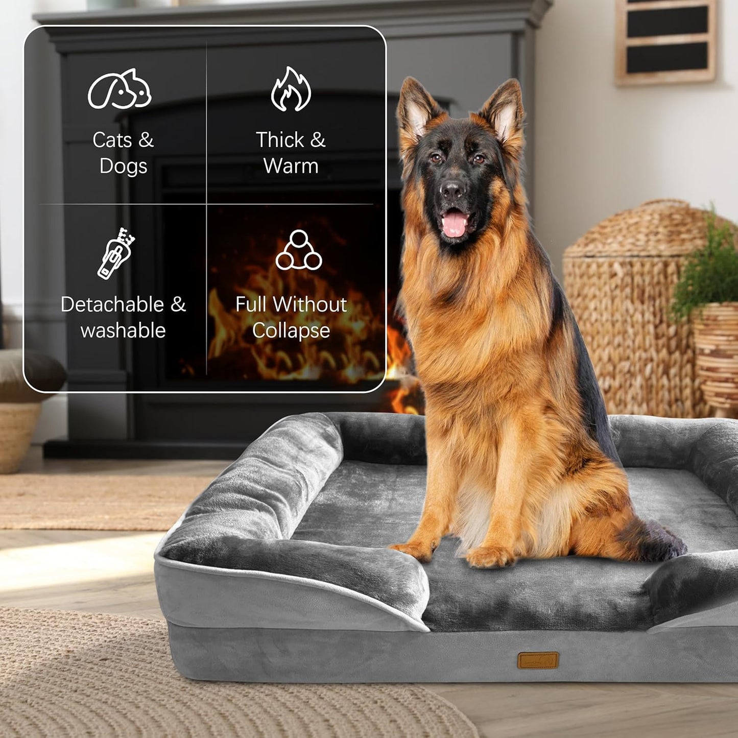 Spotted Play Orthopedic Dog Bed with Sides - Dog Sofa Beds for Medium Dogs, Supportive Foam Pet Couch Bed with Washable Removable Cover, Waterproof Lining and Non-Slip Bottom, Grey - M
