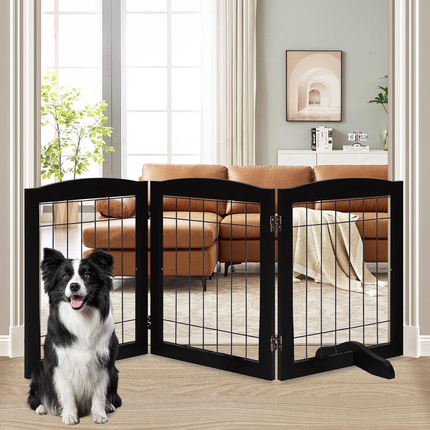 LZRS 2-Panel Freestanding Foldable Wood Dog Gate – Solid Wood & Steel Wire, Chew-Resistant Pet Barrier for Indoor Use, Ideal for Small to Medium Dogs, White