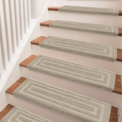 PURE ERA Bullnose Carpet Stair Treads Set Tape Free Non-Slip Indoor Stair Protectors Pet Friendly Rugs Covers Soft Skid Resistant Washable Reusable 9.5" x 30"(14 Pieces,Cream Gray)