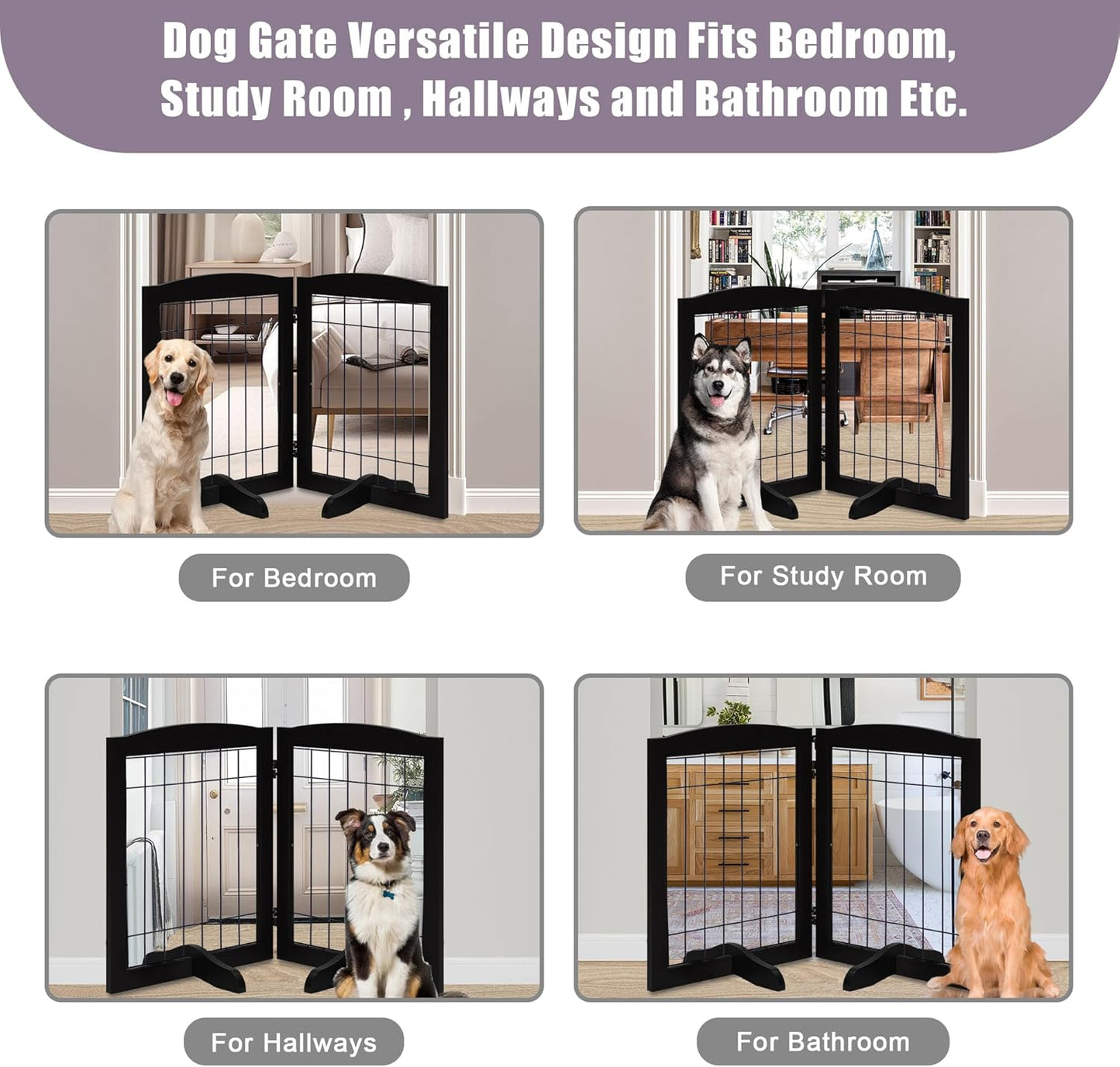 LZRS 2-Panel Freestanding Foldable Wood Dog Gate – Solid Wood & Steel Wire, Chew-Resistant Pet Barrier for Indoor Use, Ideal for Small to Medium Dogs, White