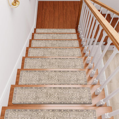 Tiveney Stair Treads Non Slip 15PCS 8"x30" Stair Runner, Rubber Backing Carpet Stair Treads for Wooden Steps, Washable Safety Carpet for Stairs Khaki Indoor Staircase Step Treads for Kids Elder Dogs