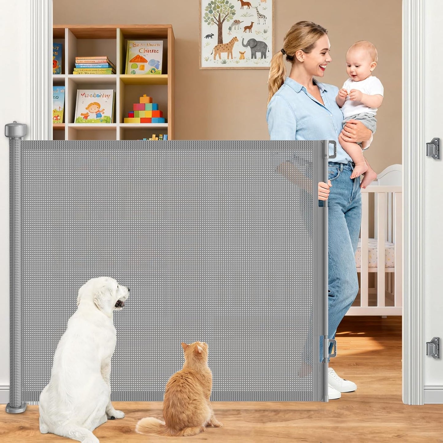 Upgrade 120 inch Retractable Baby Gates, EZIGO Extra Wide Baby Gate for Large Opening Extra Long Mesh Gate for Kids or Pet Dog Gate Child Safety Gate for Stairs Hallways Doorway Indoor Outdoor, Gray