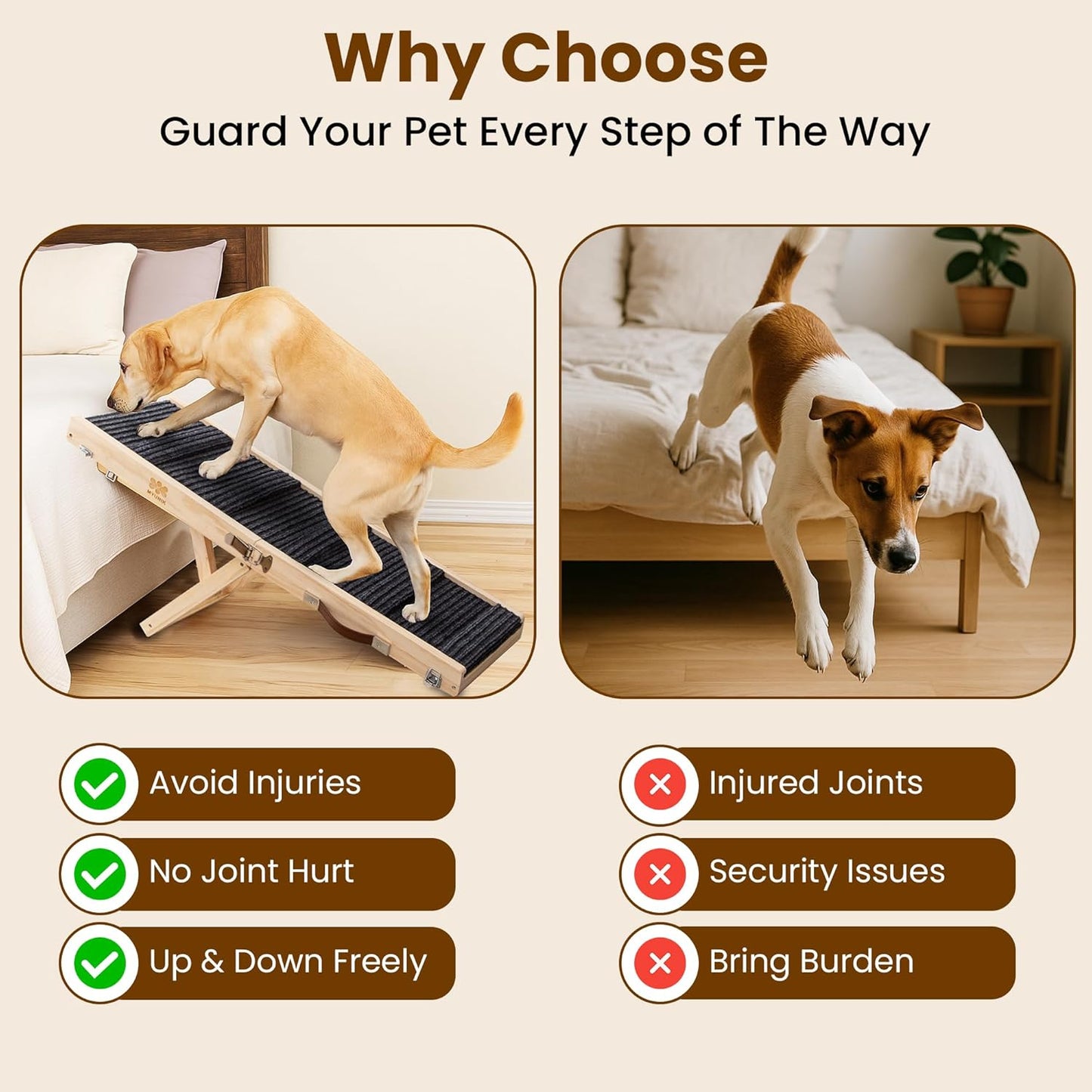 Upgraded 2026 MYUNIK Adjustable Small Dog Ramp 37.8" Foldable Solid Wood Pet Small Ramp with 5 Heights 13.6–21.5", Non-Slip Carpet Handle Ramp for Bed Couch Sofa & Car