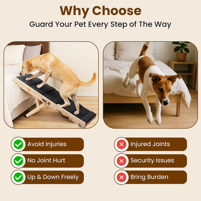 Upgraded 2026 MYUNIK Adjustable Small Dog Ramp 37.8" Foldable Solid Wood Pet Small Ramp with 5 Heights 13.6–21.5", Non-Slip Carpet Handle Ramp for Bed Couch Sofa & Car