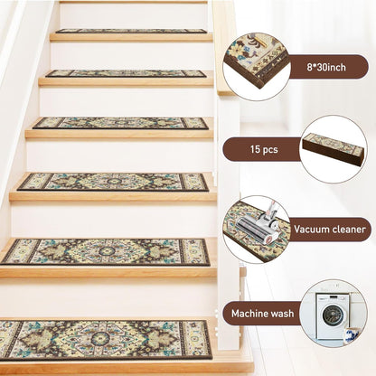 Stair Treads for Wooden Steps Indoor, 15 Pack 8" X 30" Non Slip Carpet Stair Treads with Reusable Adhesive for Kids Elders and Dogs, TPR Backing Stair Rugs Oriental Staircase Step Treads,Bohemia
