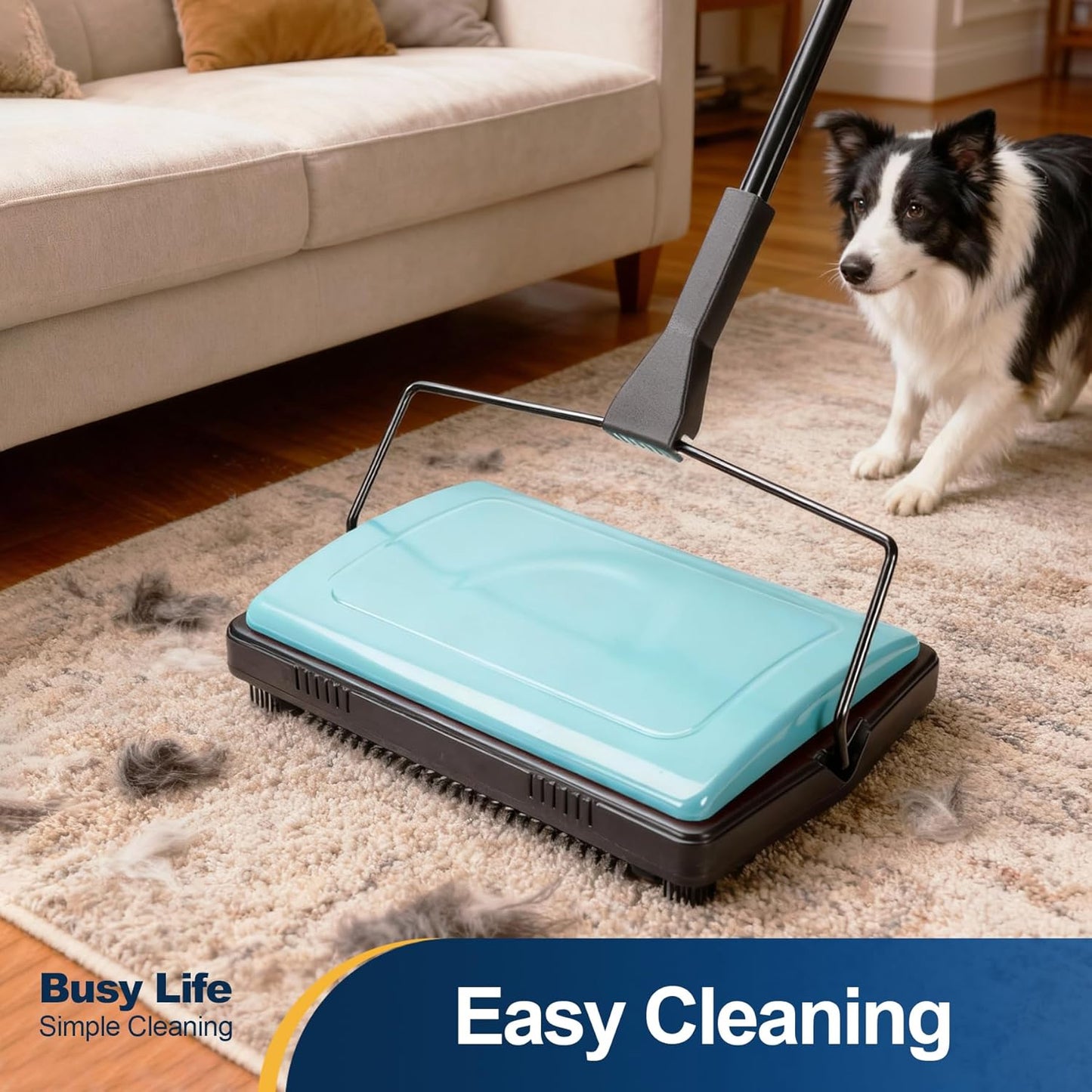 Yocada Carpet Sweeper Cleaner for Home Office Low&Undercoat Carpets Rugs Pet Hair Dust Scraps Paper Small Rubbish Cleaning with a Brush Blue