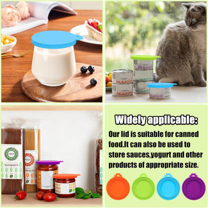 PINE & LINEN 4 Pcs 2.5inch Durable Pet Can Lids, Silicone Small Pet Can Covers Waterproof Cat Food Cans Lids for 3 oz Cat Food Cans（Yellow+Red+Pink+Blue）
