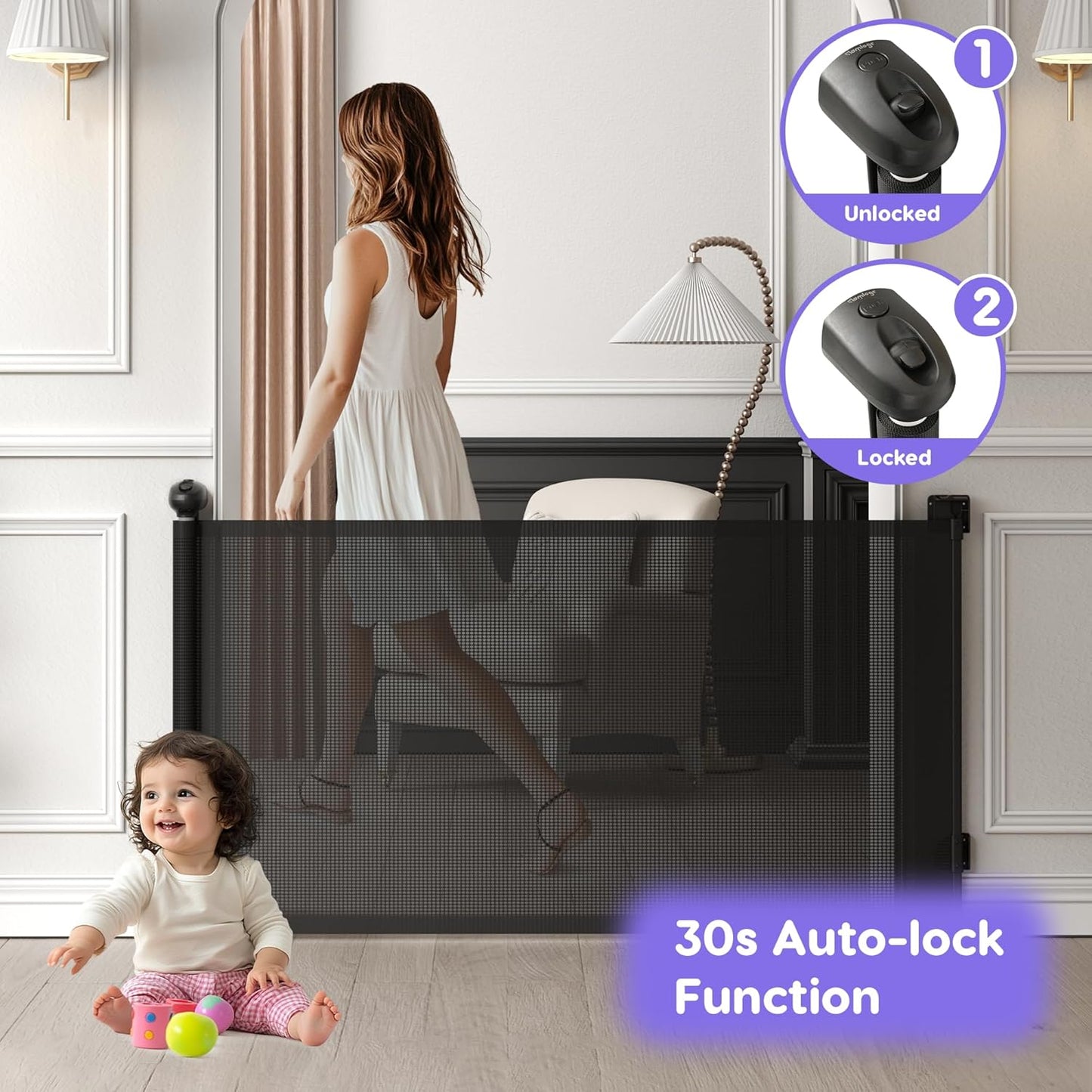 Retractable Baby Gate, Baby Gate for Stairs Auto-Lock, Dog Gates for Doorways Safety, Extends to 34.5x55in, Black