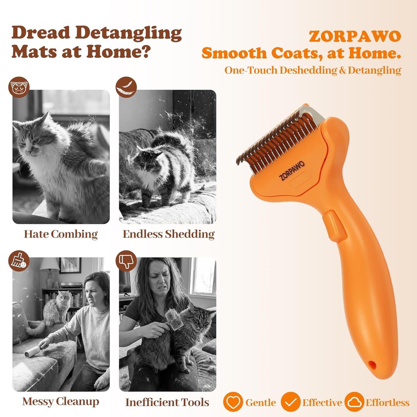 Undercoat Rake & Self-Cleaning Deshedding Brush for Dogs & Cats, Removes Mats & 95% Loose Hair, Grooming Tool for Long Hair Pets - Orange