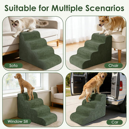 Dog Stairs for Bed 15" H, 3-Step Dog Ramp for Aged and Injured Dogs, Up to 50 Lbs Foam Pet Stairs for Small Dogs and Cats to Get on Couch or Chair, Non-Slip, Steady, Washable Cover, Green