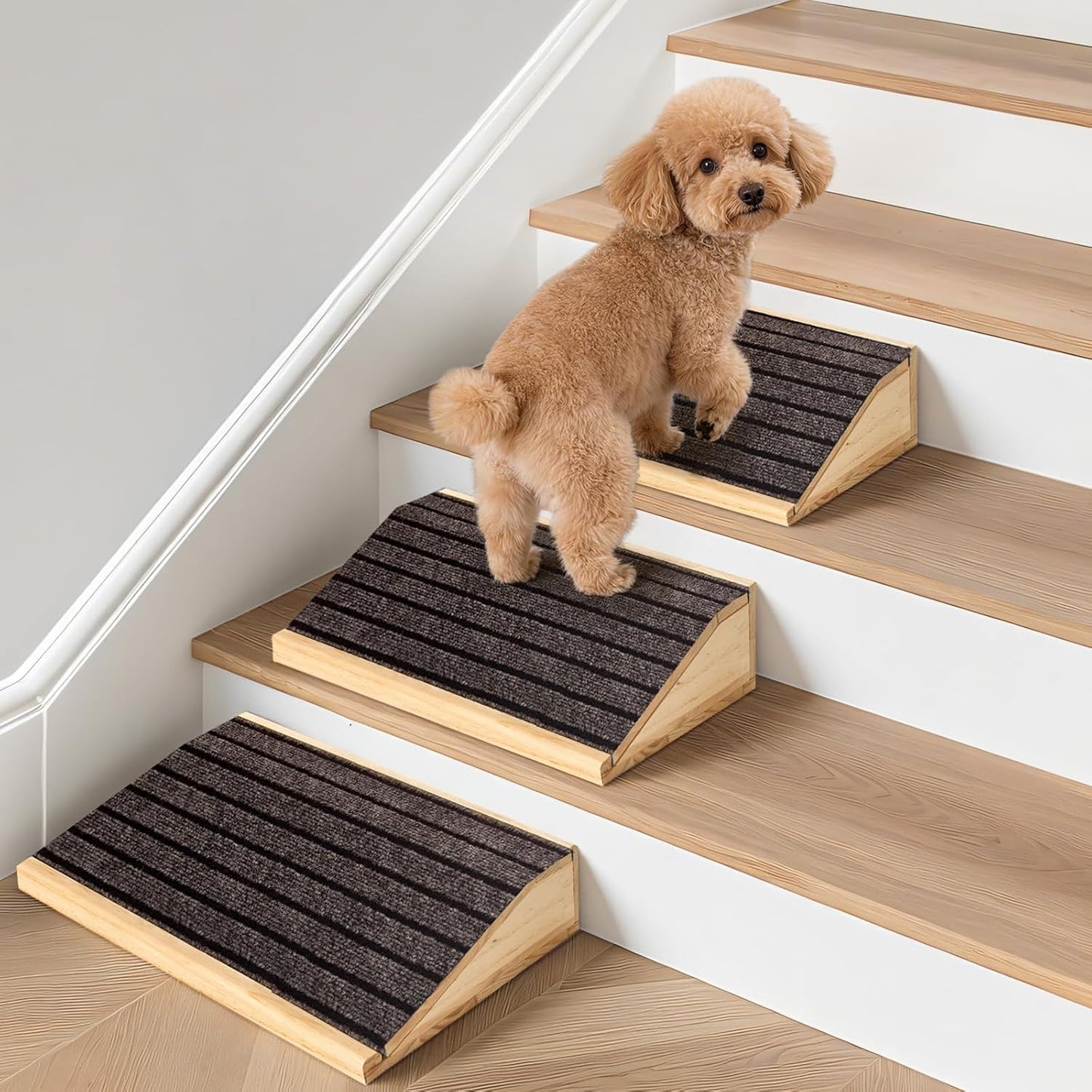 4-Pack Wooden Dog Ramp for Stairs, Anti-Slip Pet Steps for Small Dogs with Carpet Surface, Low-Angled Pet Ramps for Staircase, Steps and Stairs Assist for Injured & Aged Pets, Stairs Ramp for Dogs