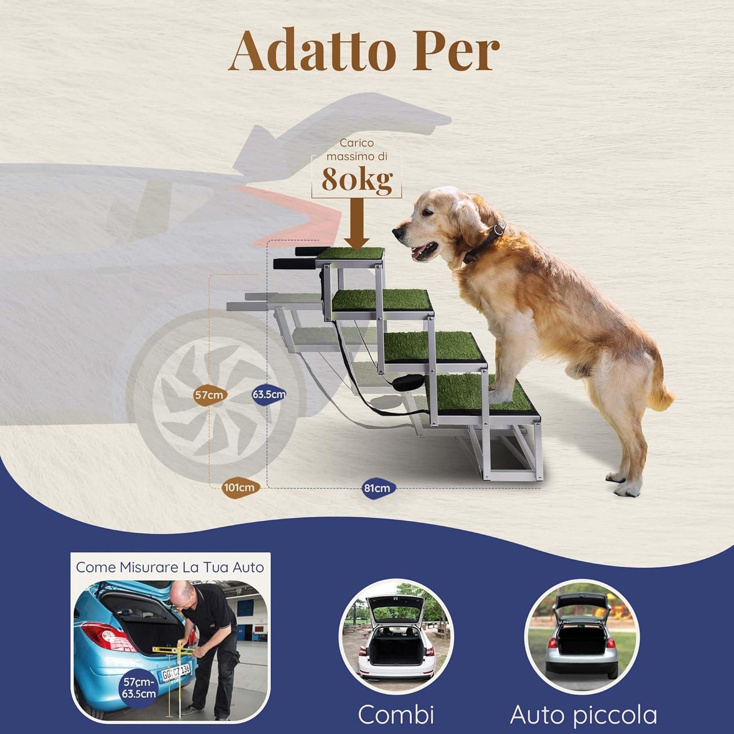 Dog stairs for large dogs PRIORPET - Glow in The Dark Marking - Foldable Dog ramp for Car and Small SUV - Dog steps for Car - Non-Slip Surface - Dog ramps for large dogs - 4 Steps