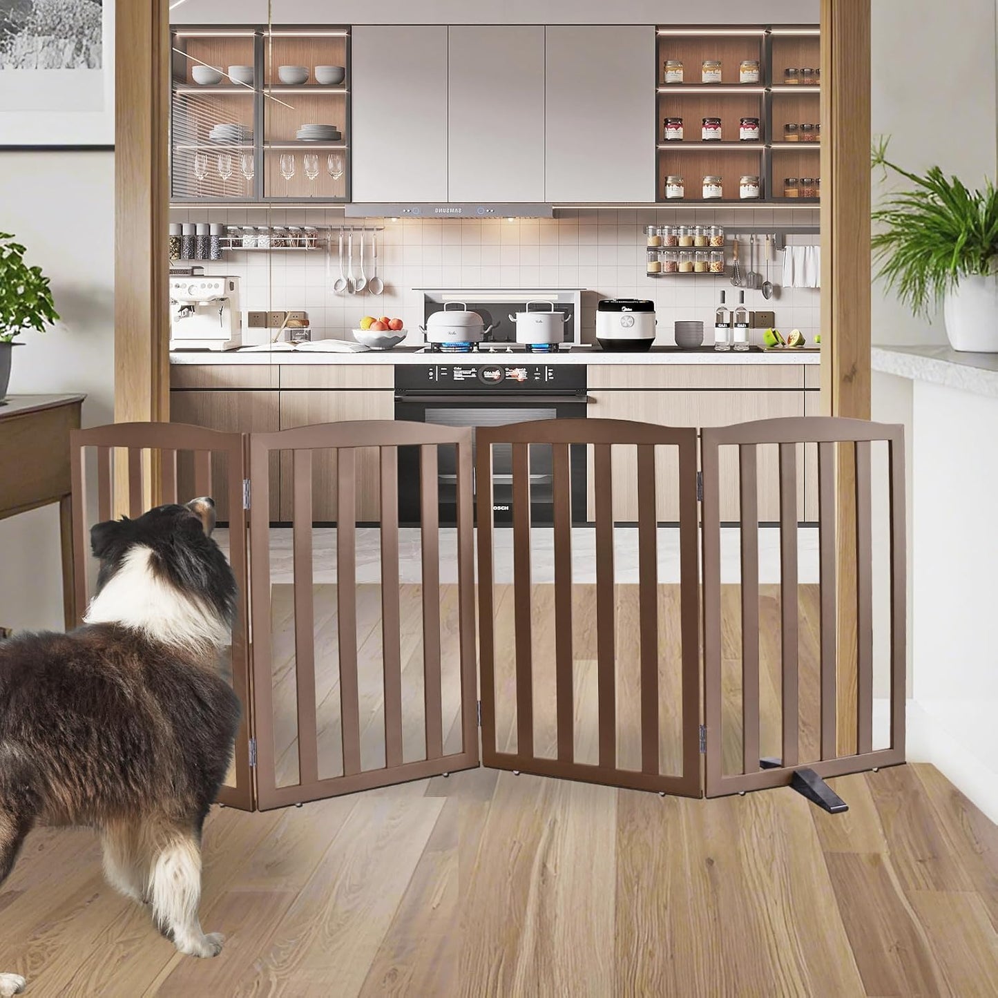 ZJSF Foldable Freestanding Indoor Dog Gate for House Wood White Long Pet Gates Dog Fence for Stairs Puppy Gates for Hallways,Pet Fence, Puppy Gate,Support Feet Included 24 "Height-3 Panels