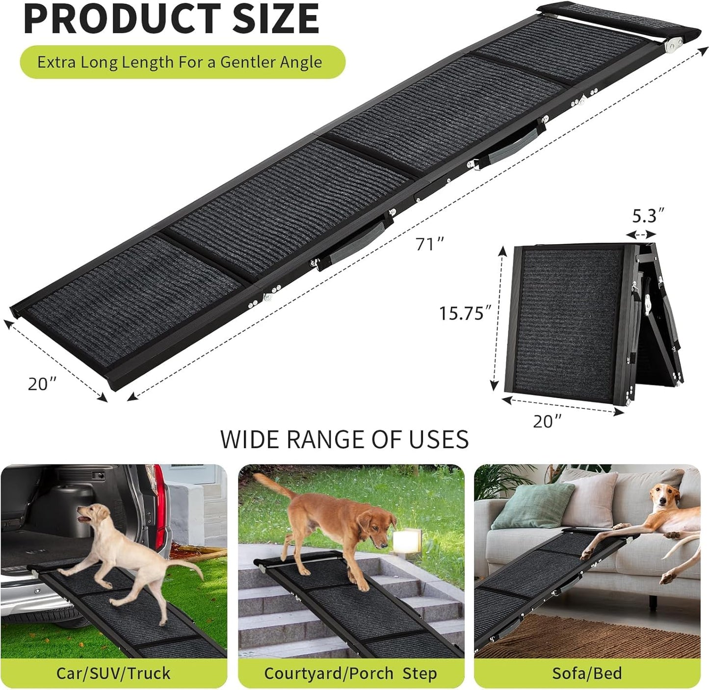 GarveeLife 63 in Long Dog Ramp for Cars, 20 in Wide Folding Pet Ramp for Large Dogs with Non-Slip Surface Portable Dog Car Ramp for SUV Car & Truck, Outdoor Dog Ramp Up to 250 LBS