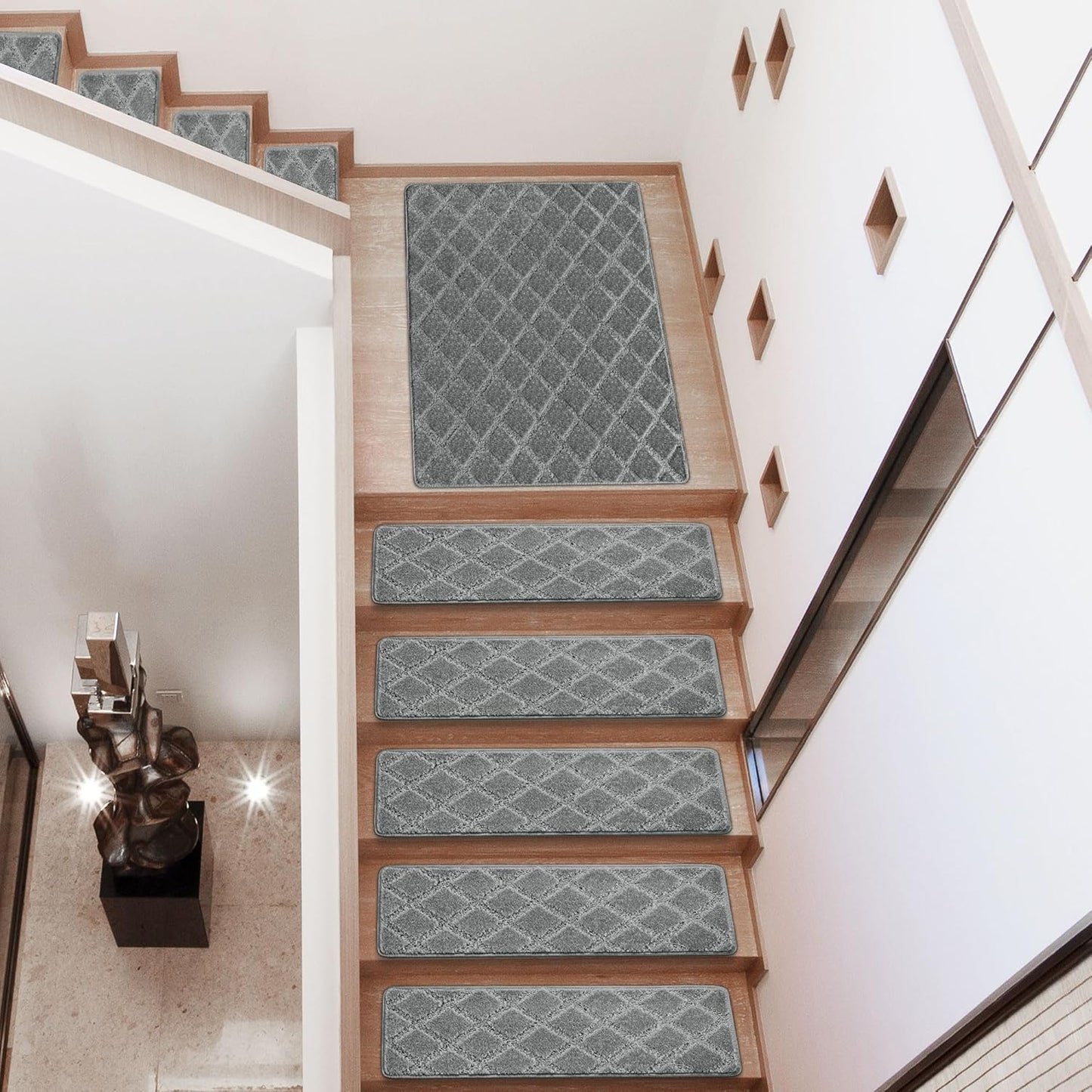 PURE ERA Bullnose Carpet Stair Treads Set Tape Free Non-Slip Indoor Stair Protectors Pet Friendly Rugs Covers Soft Skid Resistant Washable Reusable 9.5" x 30"(14 Pieces,Cream Gray)