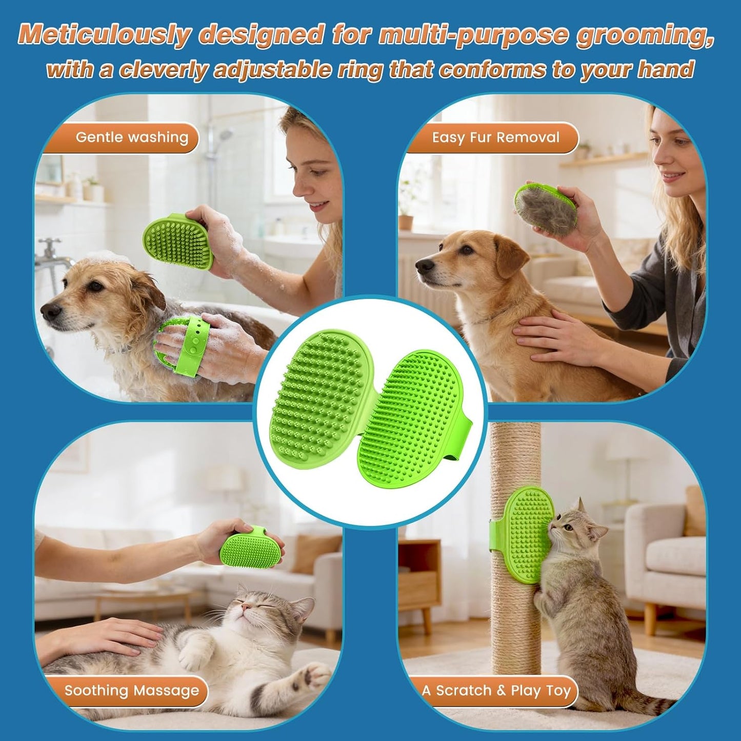 7PCS Dog Washing Gloves | Dog Bath Brush | Storage Bag | Dog Finger Toothbrush for Short & Long Haired Dogs & Cats | Efficient Deshedding Bathing & Massaging, Suitable for Pets (Sage Green)