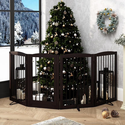 PUPETPO Freestanding Dog Gate with Door, Pet Gate for Stairs, 80 inch Wide Pet Barrier Indoor, Dog Fences Indoor, Support Feet Included, 4 Panels, 24" Tall, Dark Brown