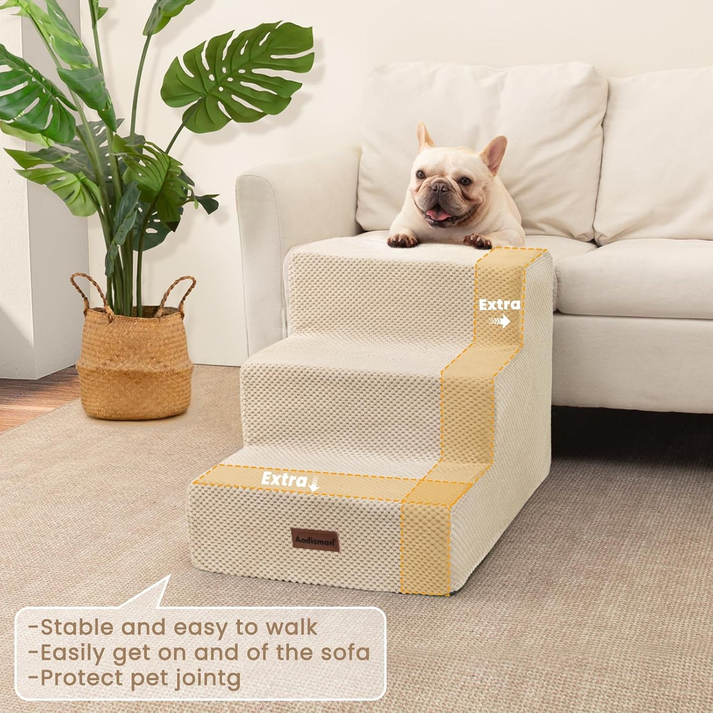 Aodisman Dog Stairs for Small Dogs, 3-Step Non-Slip Pet Stairs for Couch Sofa and Chair, Dog Bed Stairs for Puppy, Older Cat,Grey,13.6" H