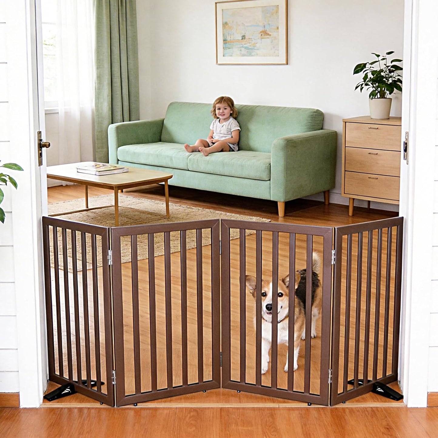 ZJSF Freestanding Indoor Dog Gate for House Foldable Wood Puppy Gate for Doorways Pet Gate for Stairs Extra Wide Pet Fence, Brown, 24" Height 3 Panels