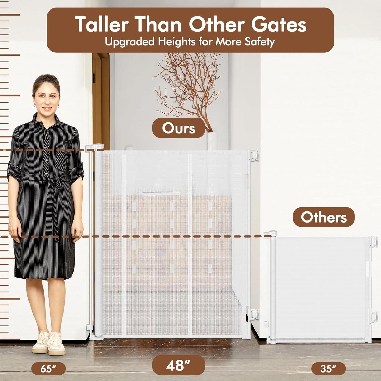 Reinforced 48" Extra Tall Pet Gate with Support Rods, 4 Ft Tall Retractable Baby Gates for Doorways 55" Wide Mesh Dog Gate Indoor Outdoor - Prevent Baby/Pet from Jumping Over, Black