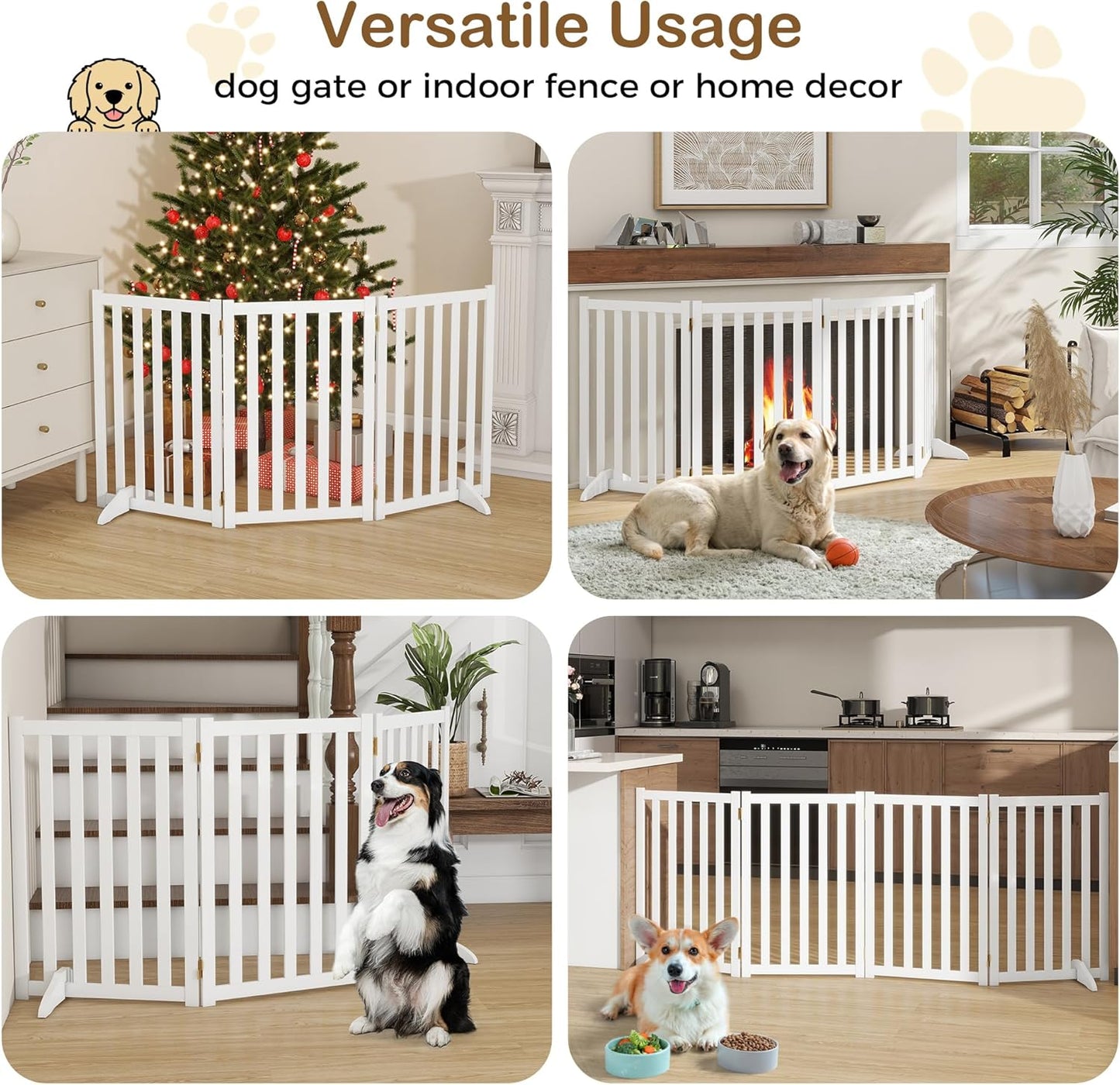 36" Height Extra Tall Freestanding Pet Gate, Solid Wood Folding Safety Fence Wooden Dog Gate with 2 PCs Support Feet Ideal for Stairs, Doorways, Halls, Kitchens, Heavy Duty Gates, 3 Panels, Oak