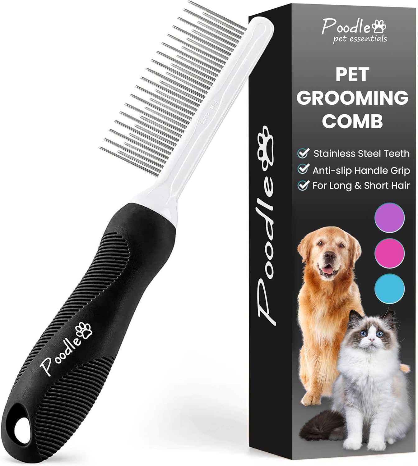 Poodle Dematting Fur Rake Comb Brush for Dogs and Cats - Long 2.5" Steel Safety Blades Metal Comb for Detangling Matted or Knotted Undercoat Hair (Orange)