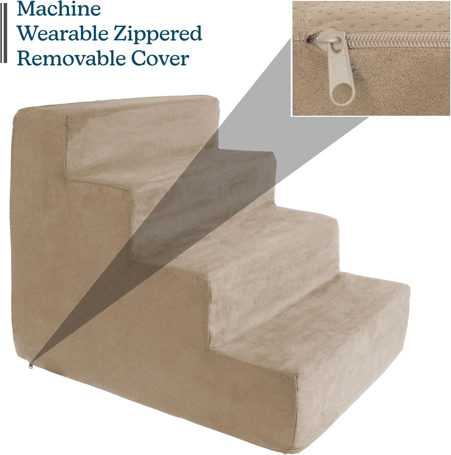 3-Step Pet Stairs - Nonslip Foam Dog and Cat Steps with Removable Zippered Microfiber Cover - 2-Tone Design for Home or Vehicle Use by PETMAKER (Tan)