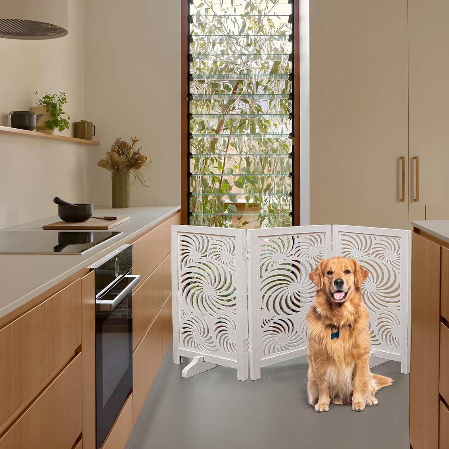 Freestanding Pet Gate for Dogs, Foldable Wooden Dog Gate for House, Indoor Dog Gate for Stair, Doorway, House Design Gates for Dogs Indoor, 72 Inch Wide, (18" x4 Panels 72 inch), Burnt Finish