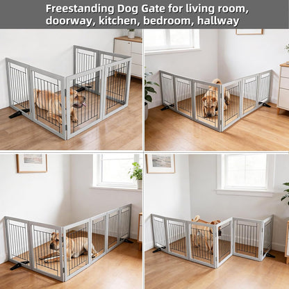 ZJSF Freestanding Dog Gate Indoor, Foldable Dog Fence for Doorways,Hallways or Stairs, Sturdy Wood Extra Wide Pet Gate with Support Feet,Black,24 "Height-3 Panels