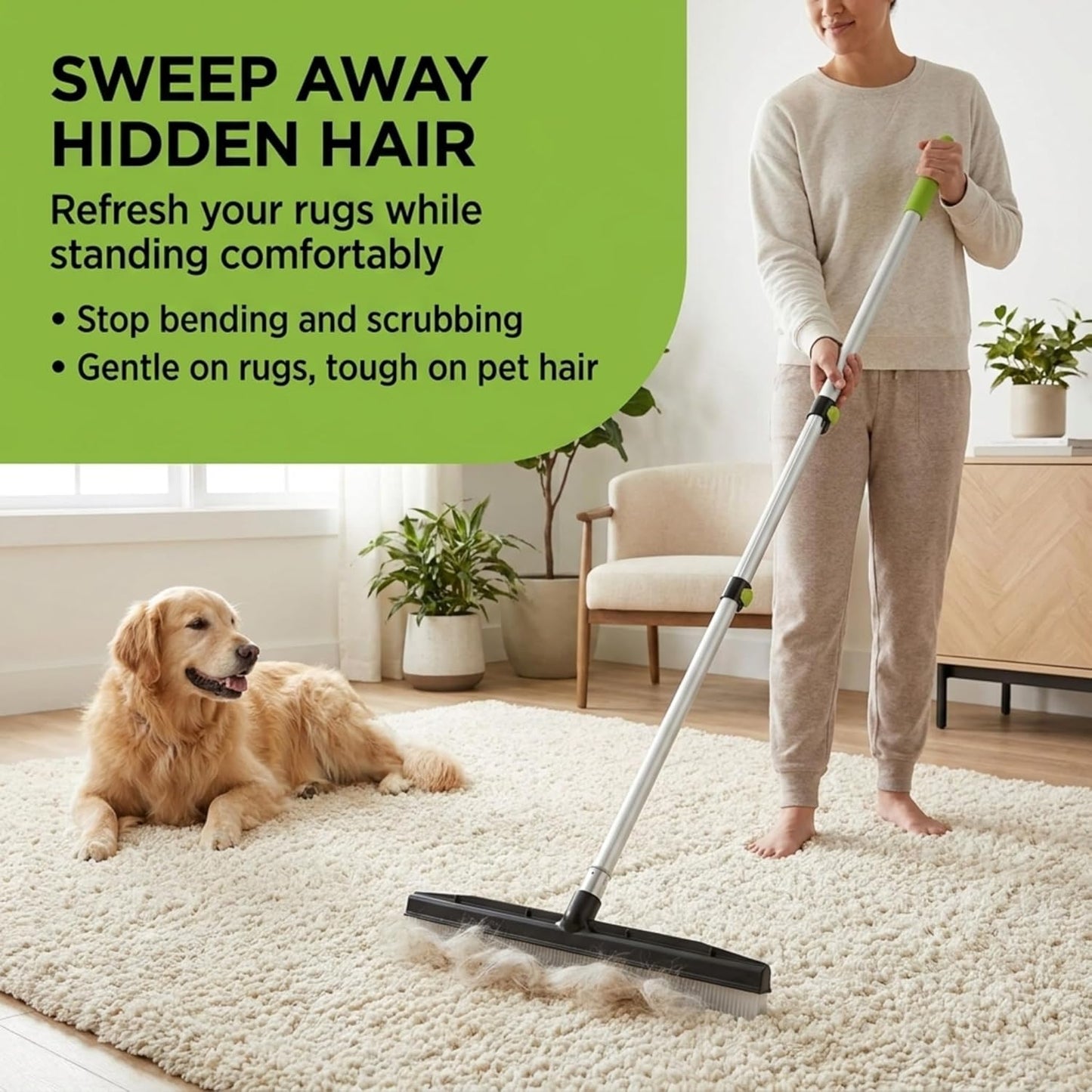 Small Room Groom Carpet Rake, 11" Handle, Portable Carpet Brush for Pet Hair, High Pile Rugs, Stairs, Furniture & Artificial Turf, Compact Groomer Tool