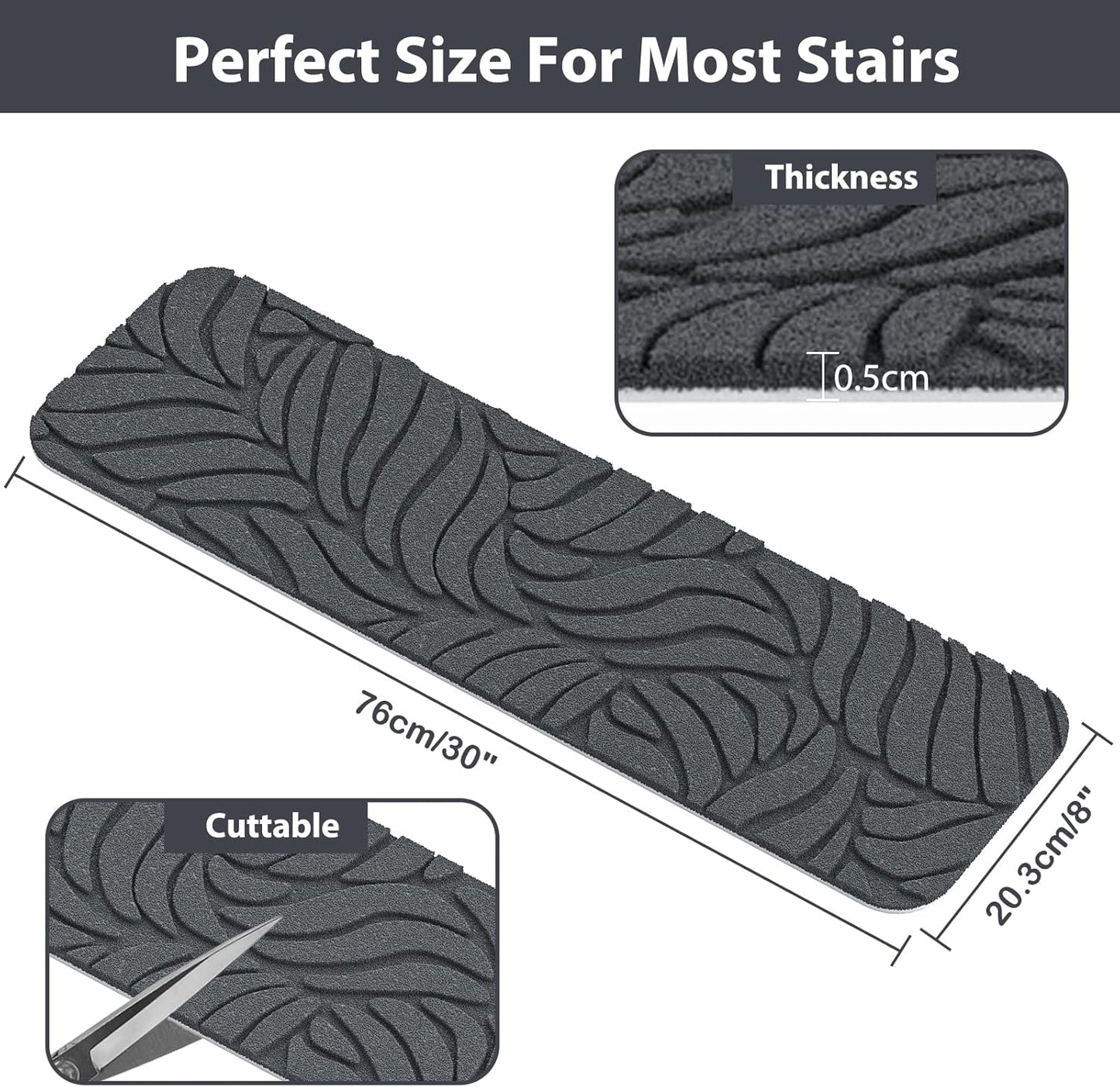 Fixmend Stair Treads Non Slip for Wooden Steps, 8" X 30" (15-Pack) Stair Runner Carpet Treads Indoor with Reusable Adhesive, Stairslide Carpets Rugs Safety Mats for Elders, Kids & Dogs, Dark Grey Leaf