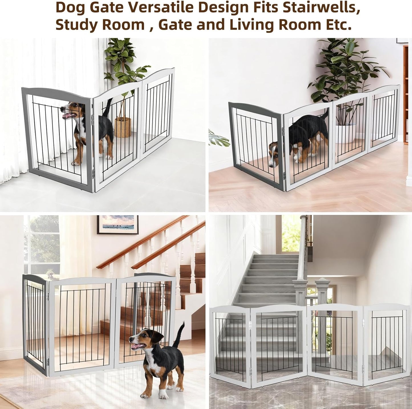 ZJSF Freestanding Foldable Dog Gate for House Extra Wide Wooden White Indoor Puppy Gate Stairs Doorways Pet Gate Tall Dog Fence 3 Panels Fence