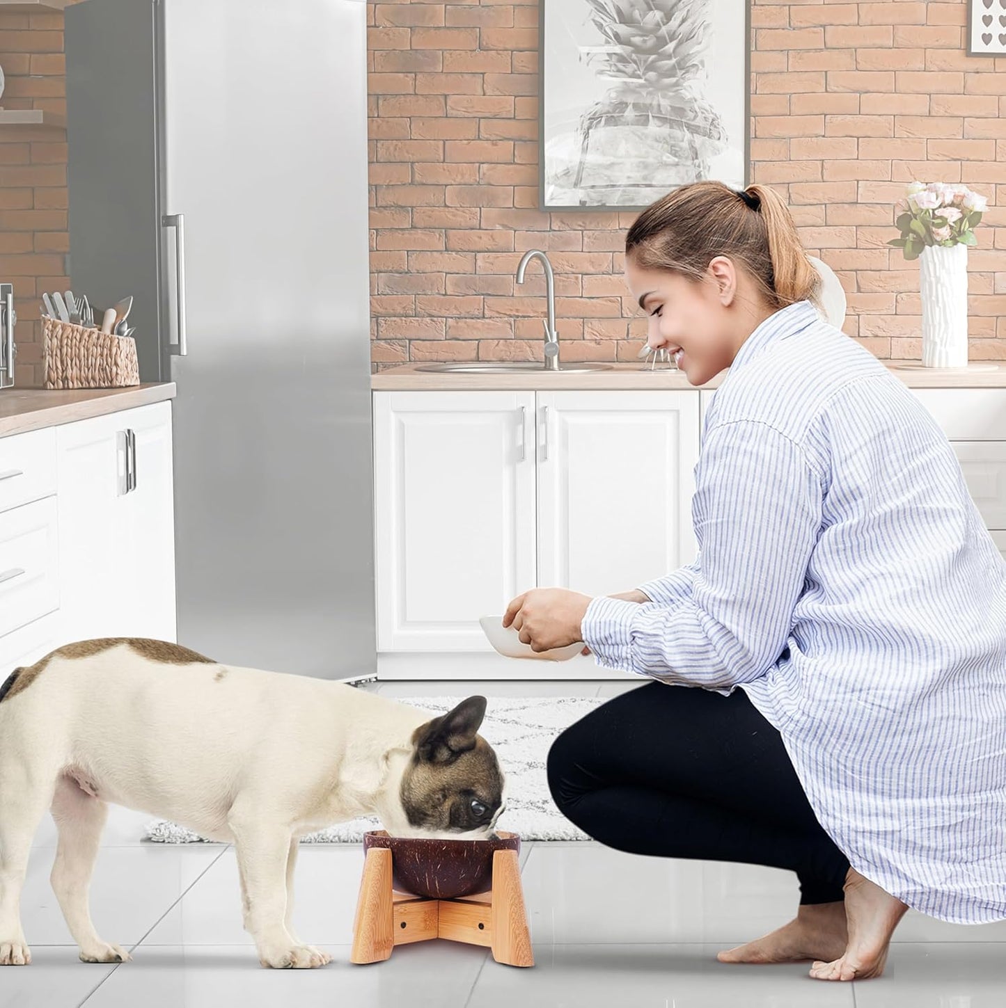 Elevated Slow Feeder Dog Bowls Large Breed - (12-inch-high) - Raised Bowl with Anti-Choking Insert - Stainless Metal and Bamboo