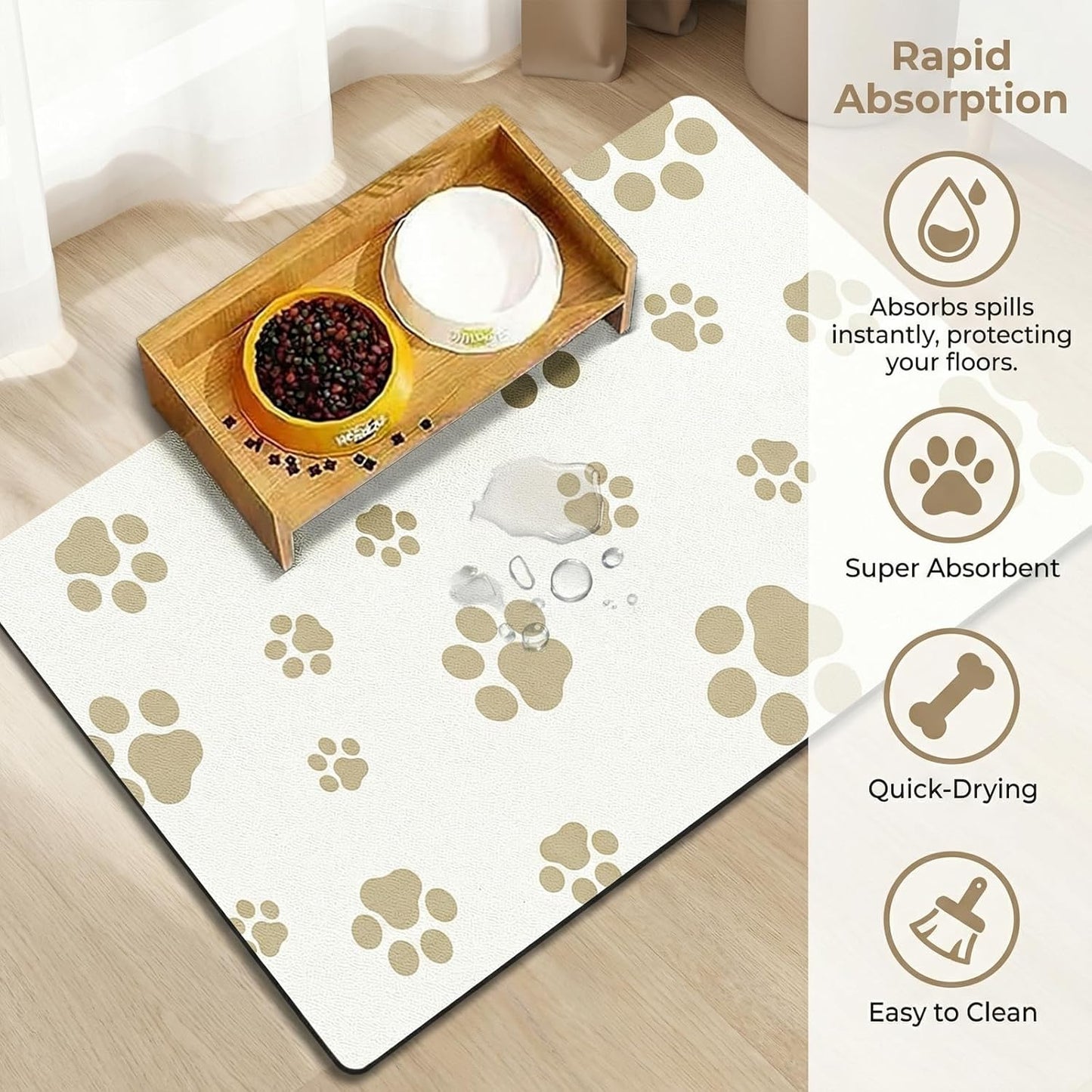 18"×30" Dog Food Mat-Absorbent Dog Mat for Food and Water, No Stains Quick Dry Cat Food Bowl Mat with Footprints for Messy Drinkers,Dark Grey