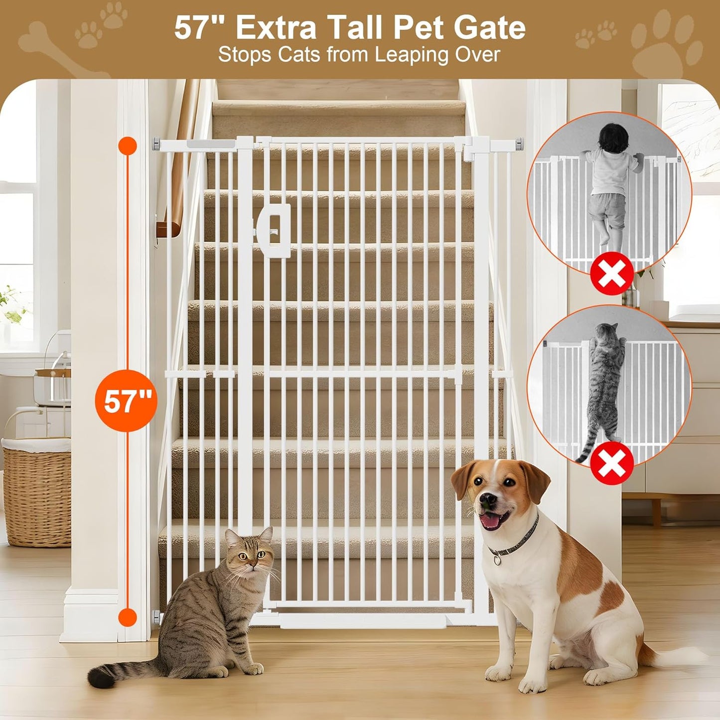 Jekriuet 57" Extra Tall Pet Gate, Auto Close Dog Door Pressure Mounted No Drilling for Doorways, Hallways, Stairs, Expandable 27.5"-38.5" Wide, Narrow 1.18" Spacing for Small Dogs & Puppies, Black
