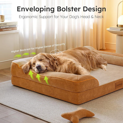CWAWZ Extra Large Dog Bed, Orthopedic Dog Bed with Cooling Gel Memory Foam, Waterproof XL Pet Bed with Removable Washable Cover, 42" Pet Sofa Couch Dutch Velvet with Bone Toy, Light Gray