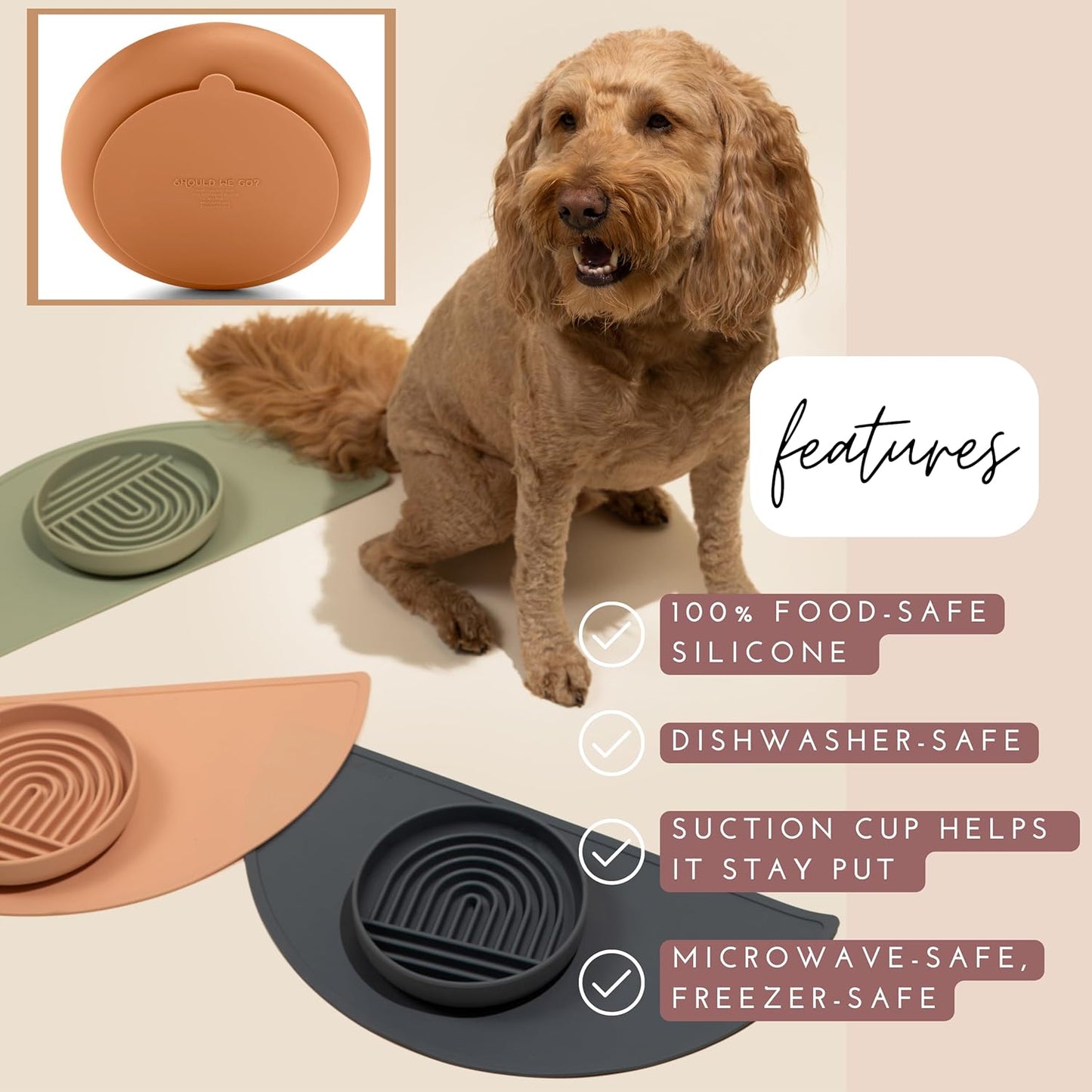 Should We Go? Slow Feeder for Dogs & Puppies, The Slowdown Bowl Silicone Slow Eating, Modern Lick Mat Design, Reduces Gulping, Fits 2 Cups, 7.5” Across x 1.5” Tall, Mealtime Challenge, Medium-Blush