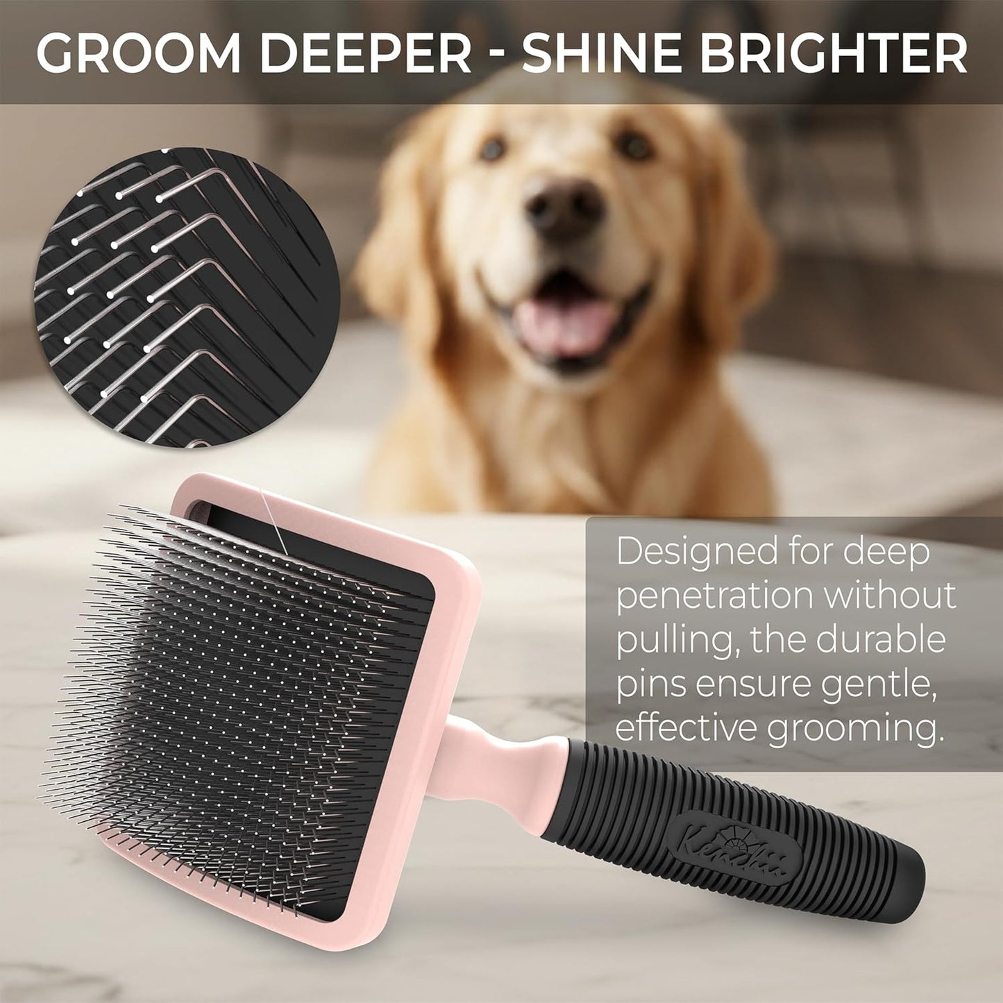Kenchii Long Pin Slicker Brush for Dogs (Poodles, Doodles, Goldendoodles, Labradoodles), Professional Grooming Brush for Detangling, Fluffing & Dematting, Non-Slip Comfort Handle (Black)
