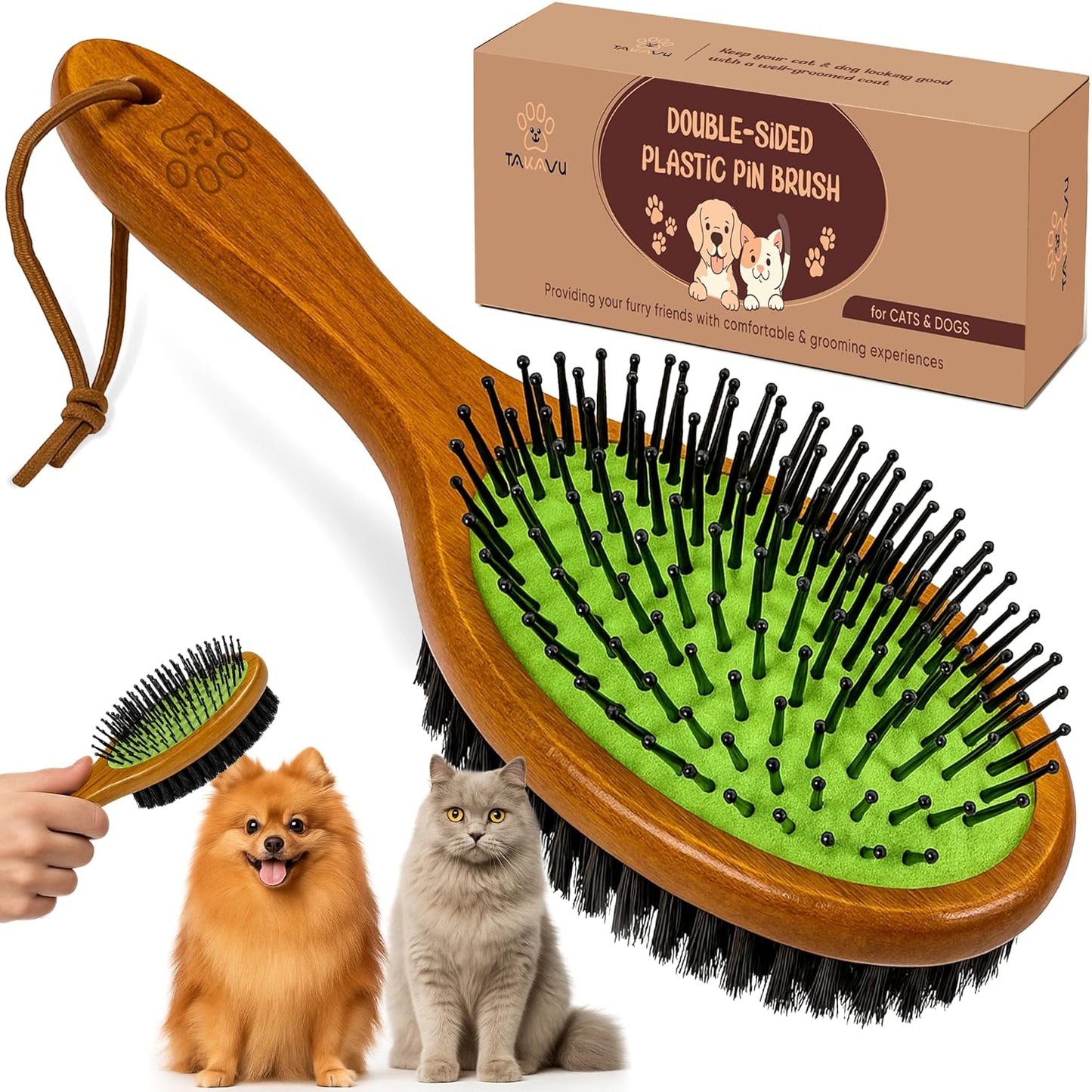 TAKAVU Short Hair Dog & Cat Deshedding Brush - Double Sided Grooming Tool with Silicone Massage & Bristle Sides - Removes Loose Fur & Dirt - Wood Handle
