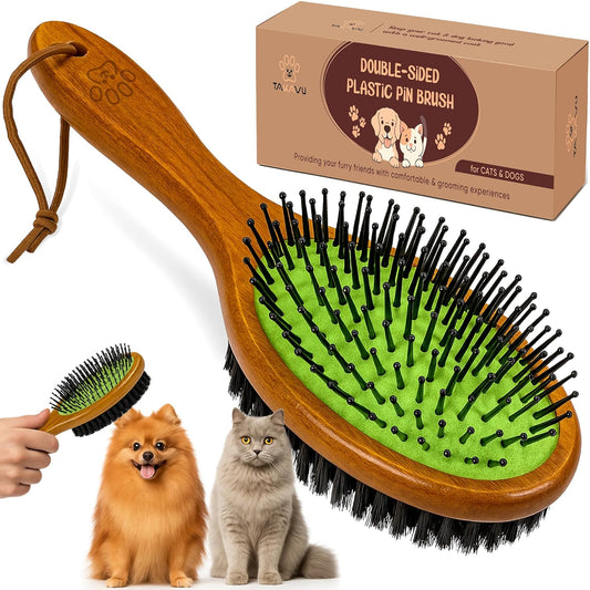TAKAVU Short Hair Dog & Cat Deshedding Brush - Double Sided Grooming Tool with Silicone Massage & Bristle Sides - Removes Loose Fur & Dirt - Wood Handle