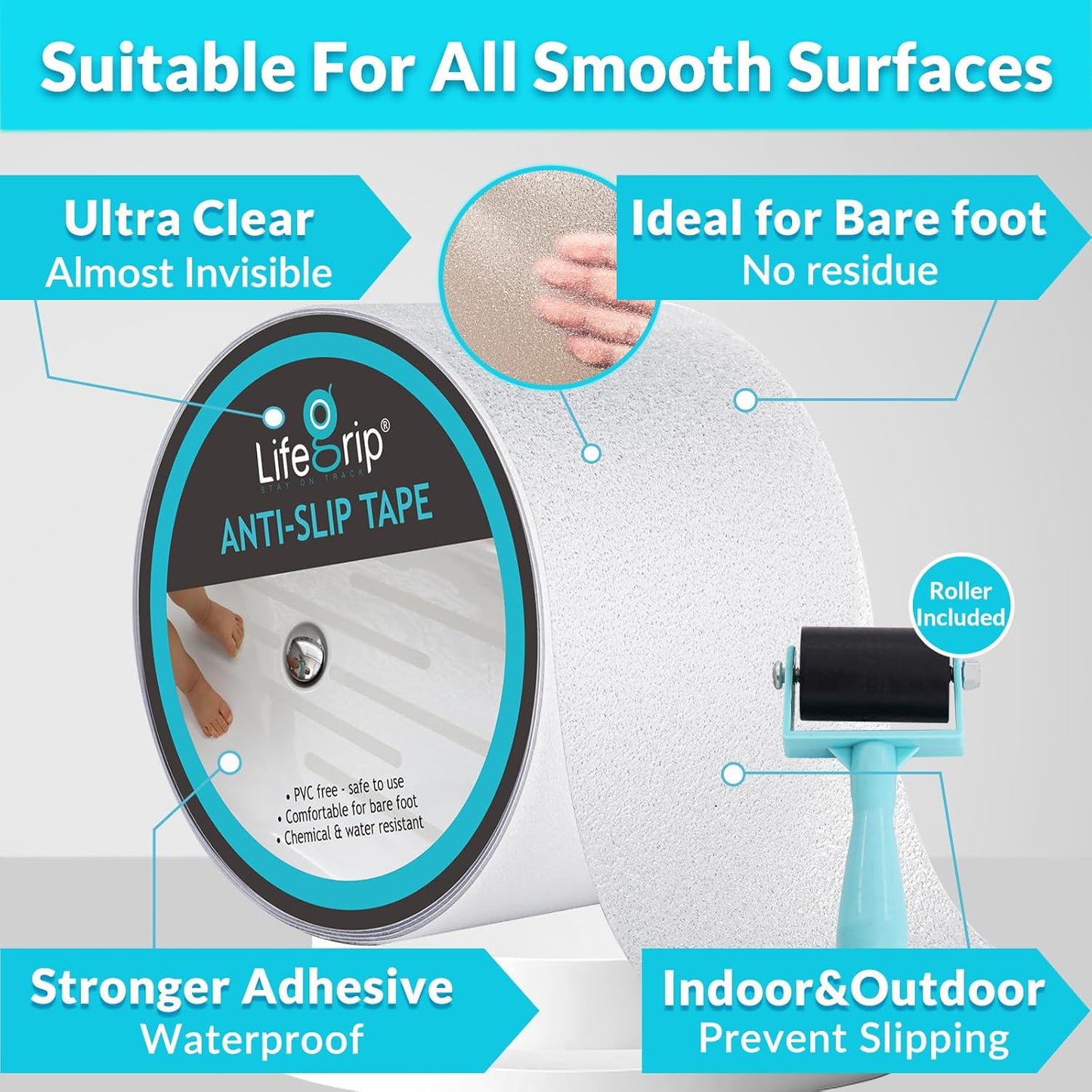 LifeGrip Anti Slip Transparent Anti Slip Tape, 4 inch by 30 feet, Non-Slip Traction Grip Tape to Tubs, Boats, Stairs, Clear, Soft, Comfortable for Bare feet (4" X 30')