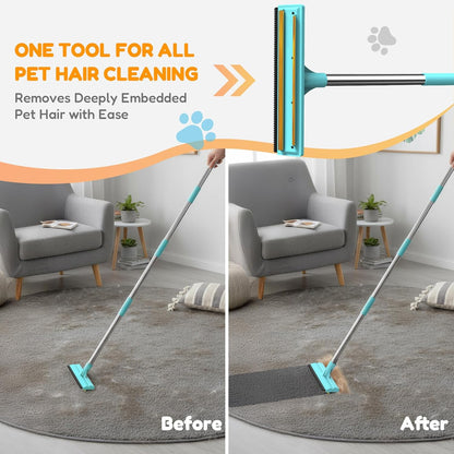 3-in-1 Carpet Rake for Pet Hair Removal, Upgraded Rug Scraper with 61" Thickened Handle & 10" Handheld Grip, Dual-Metal Edge Dog Hair Remover for Carpet, Couch, Furniture & Car
