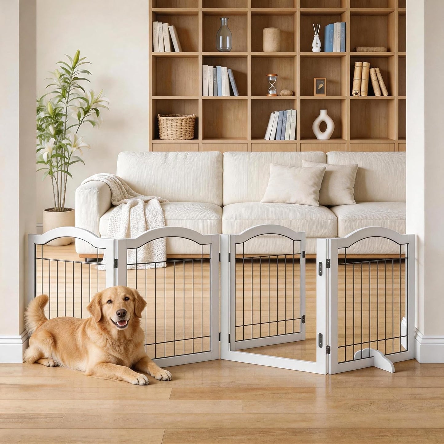 Vantas Espresso Wooden Folding Dog Gate 144" Wide x 30" Tall with Door, Freestanding Pet Gate, Pet Puppy Safety Fence