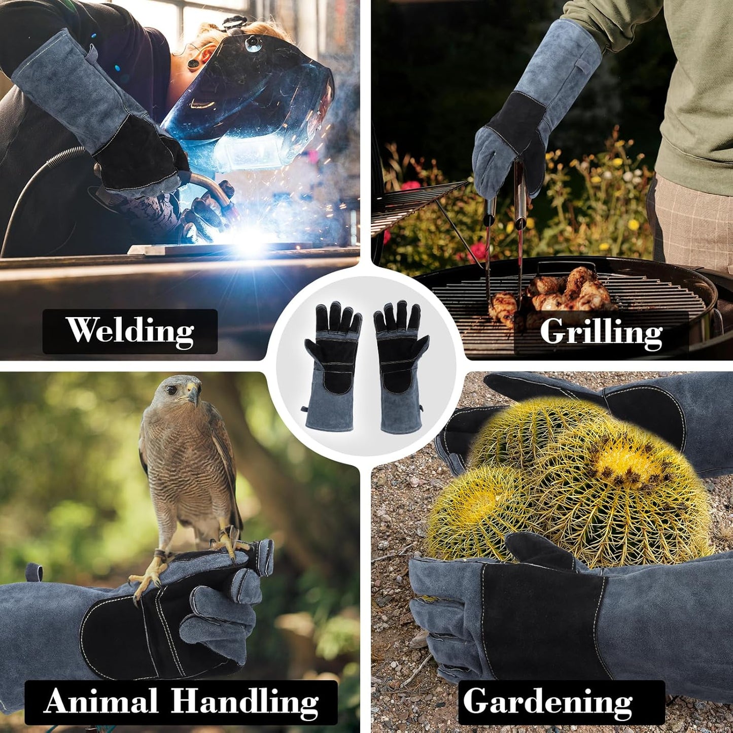 Heavy Duty Animal Handling Gloves - Cat Gloves Bite Proof, Ideal for Dog Training, Falconry, Welding, Gardening - 21.6 inch Grey Black