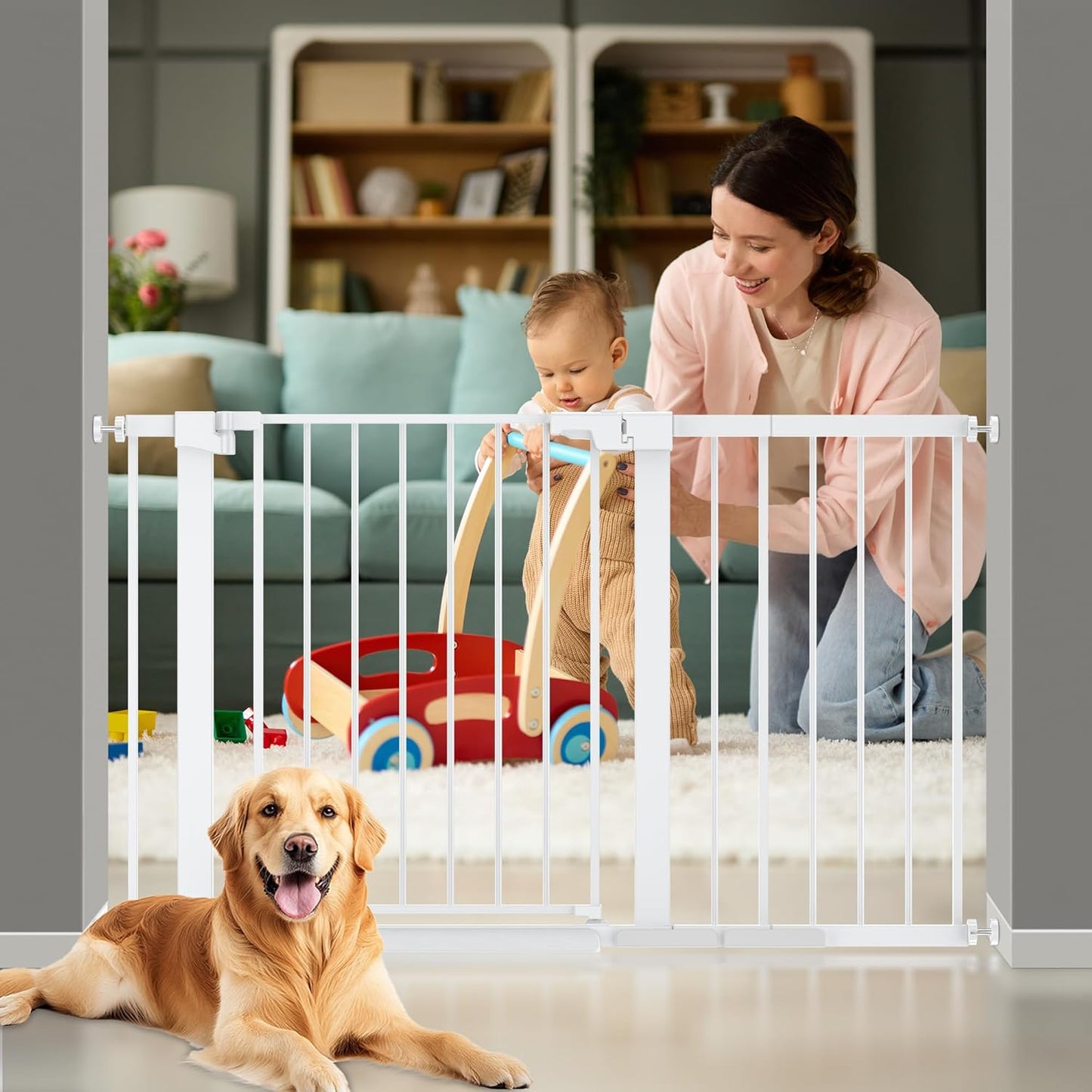 29-42 inches Metal Baby Gate for Stairs/Doorways, 30 inches Tall Pressure Mounted Pet Gates, Auto-Close Child Safety Gate, No Drilling Easy Walk-Through Dog Gate Indoor, Black