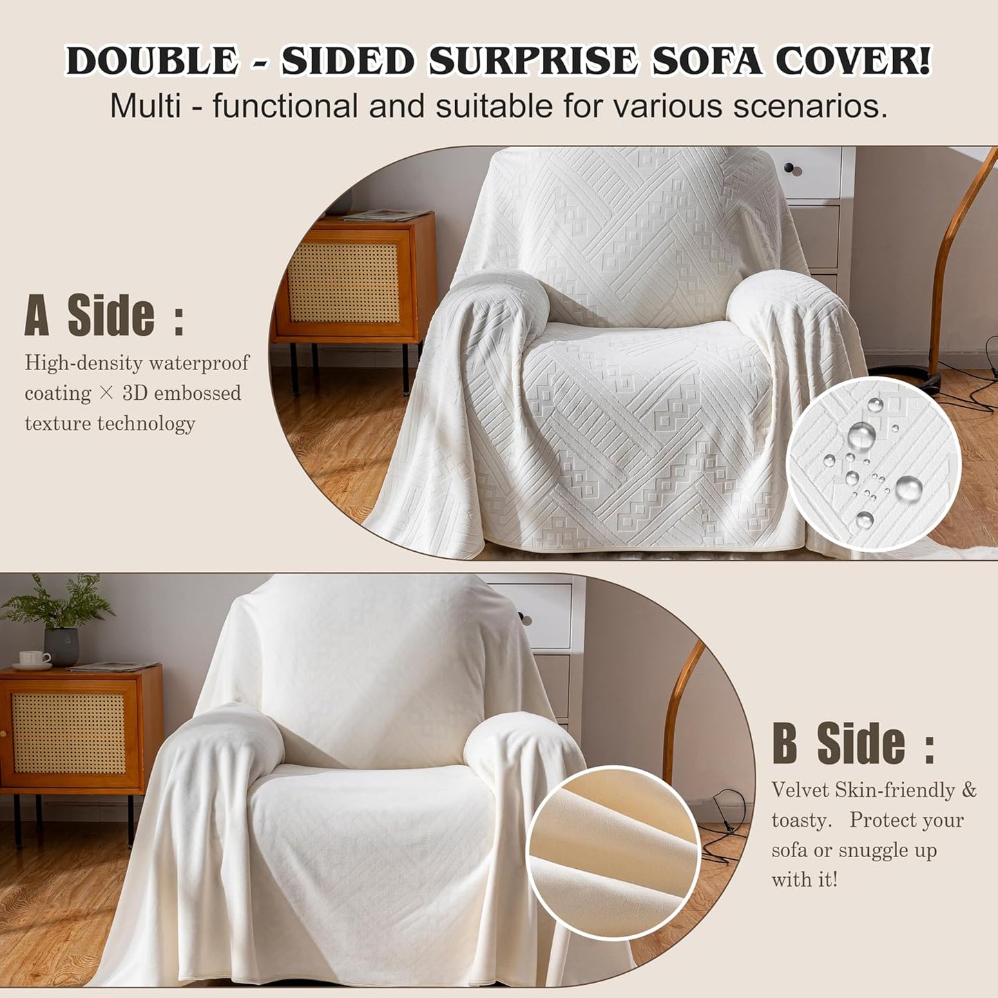Waterproof Couch Cover, Reversible, Pet-Friendly, Washable and Anti-Slip Couch Covers for Sofa Protection with 3 Cushions, Sofa Slipcovers for Dogs and Cats (71×118in/Brown)