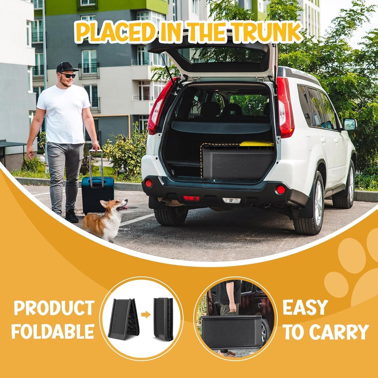 Folding Dog Car Ramps, Dog Steps for Bed, Length Portable Pet Ramp Stairs Step Ladder for Car, Truck,Non Slip Rug Surface, Dog Stairs for Large Dogs Up to 154LB (62 Inch Artificial Grass)