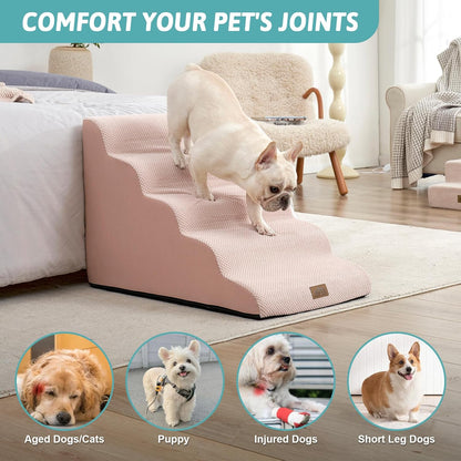 COZY KISS Extra Wide Dog Stairs with Tunnel, Foam Detachable Large Dog Step for Small Pet, Puppy or Cats, Medium Pet Ramp for High Bed, Couch, Sofa or Car, 19.7x33x22.4 inch, 5 Step, Beige