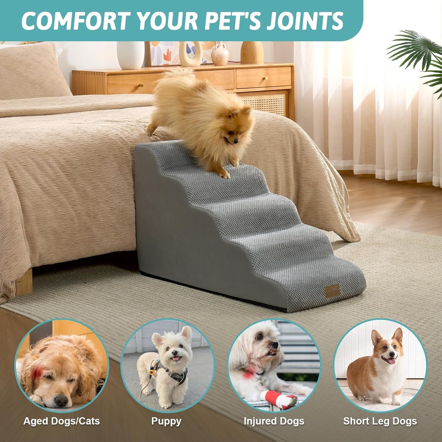 COZY KISS Dog Stairs for Small Dogs 15.7" H, 4-Step Sturdy Foam Dog Steps for Couch and Bed, Curved Pet Stairs for Puppy and Older Cat, Doggie Ladder with Washable Cover, 15.7x28.3x15.7 inch, Beige